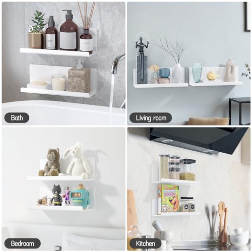 PAVSTINE Acrylic Wall Floating Shelves Set of 2, Wall Shelves White 12 Inch Adhesive Wall Organizer Adhesive Shelf for Bathroom, Kitchen, Bedroom, Office, Gaming Room, No Damage, No Drill - color: White