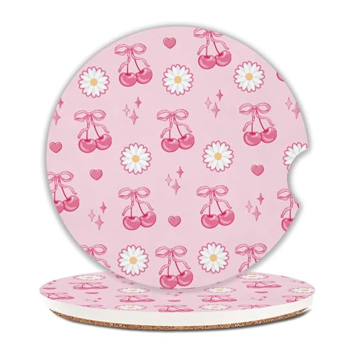 Pink Bow Cherry Car Coasters Set of 2 for Cup Holder 2.63" Daisy Absorbent Ceramic Cup Coaster Non-Slip Cork Base Drink Coasters with Finger Notch Car Accessories Interior for Girls Women - color: Pink