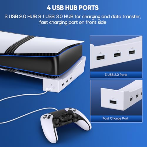 FASTSNAIL Horizontal Stand & Cooling Fan for PS5 Pro/Slim Console, Auto Fan Speed by Temperature and Controller Charger Station, Efficient Cooling System with 3 Fans, 2 USB 3.0, 3 USB 2.0 Port Hub - color: Black/White