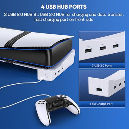 FASTSNAIL Horizontal Stand & Cooling Fan for PS5 Pro/Slim Console, Auto Fan Speed by Temperature and Controller Charger Station, Efficient Cooling System with 3 Fans, 2 USB 3.0, 3 USB 2.0 Port Hub - color: Black/White