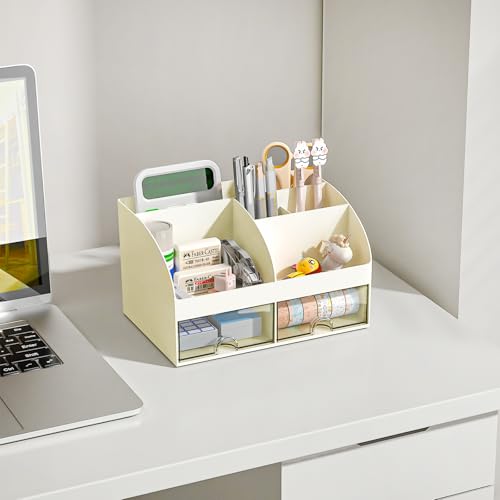 COMFYROOM Desk Organizer with 6 Compartments and 2 Drawers, Plastic Makeup Organizer, Pen Holder for Desktop Storage, Desk Organization for School, Home, Office Supplies (Ivory) - color: Ivory