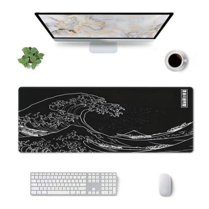 Japanese Gaming Mouse Pad Black Mouse Pad Kanagawa Large Mousepad Non-Slip Rubber Base Waterproof with Stitched Edges for Gaming Office Home, 31.5x11.8x0.12 Inch (Black Wave) - color: Kanagawa Wave, size: 31.5Lx11.8W inches