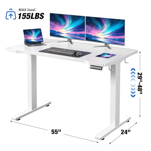 EnHomee Electric Standing Desk with LED Lights,Computer Desk 56 x 24 Inch Height Adjustable with 3 Memory Preset,Gaming Sit Stand Desk with Storage Side Pocket and Cable Management,White