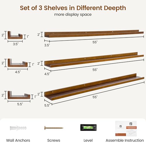 FLYJOE Picture Ledge Wall Shelves - Set of 3, 56 inches Width, Solid Pine Wood Rustic Floating Ledge Shelves for Kids' Room, Bedroom, Kitchen, Bathroom, Walnut - color: Walnut, size: 56'', set of 3