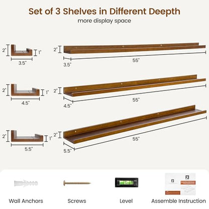 FLYJOE Picture Ledge Wall Shelves - Set of 3, 56 inches Width, Solid Pine Wood Rustic Floating Ledge Shelves for Kids' Room, Bedroom, Kitchen, Bathroom, Walnut - color: Walnut, size: 56'', set of 3