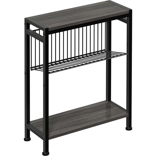 End Table for Small Space, 3-Tier Narrow Side Table with Magazine Holder,Slim Nightstand, Skinny Snack Couch Table in Living Room, Bedroom Study and Balcony (Grey) - color: Grey