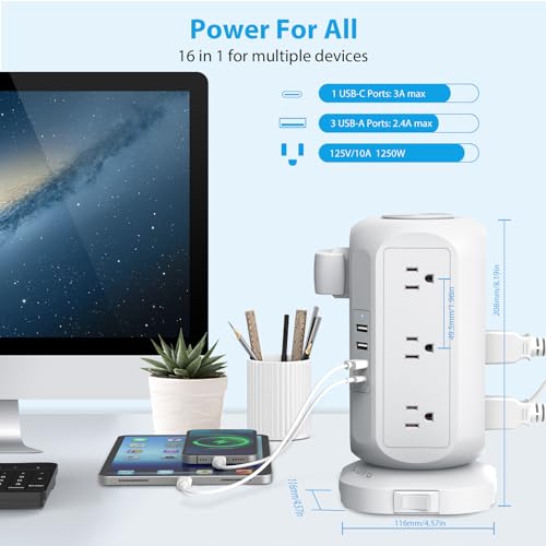 15 ft Long Extension Cord Power Strip Tower,AOFO Power Strip 12 AC Outlets 4 USB(1 USB C) Ports, Charging Tower Overload Protection with Multiple Outlets for Home Dorm Office - color: White, size: 15FT