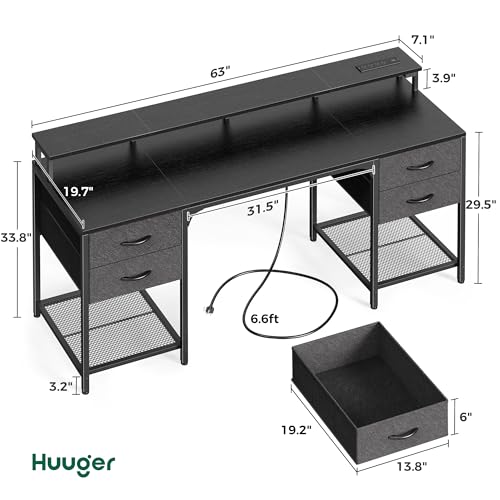 Huuger 63 inch Computer Desk with 4 Drawers, Gaming Desk with LED Lights & Power Outlets, Home Office Desk with Large Storage Space for Bedroom, Work from Home, Black - color: Black, size: 63 Inch