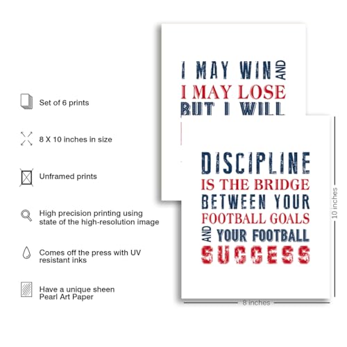 Football Motivational Posters - Inspirational Art Prints For Boys Bedroom, Teenage Room Decor - Set Of 6 8x10 In