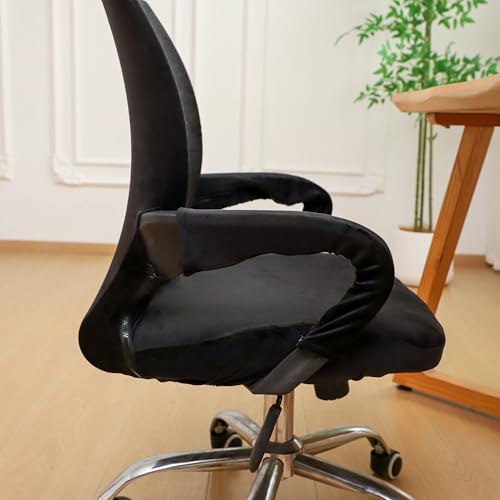 Velvet Office Chair Cover with Armrest Cover 18Inch Wide Stretch Black Small Desk Computer Chair Covers with Long Zipper Arm Slipcovers Washable - color: Velvet-black, size: Small