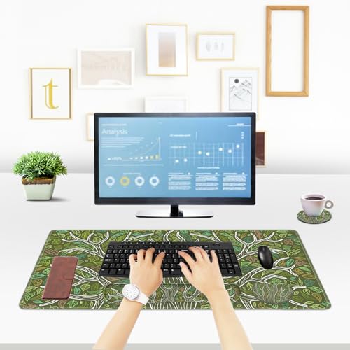 ToLuLu Desk Mat, Gaming Mouse Pad Wrist Support 4 in1 Set, XXL Large Mouse Pad + Keyboard Wrist Rest + Memory Foam Cushion Mouse Wrist Rest for Pain Relieve + Coaster Table Computer PC, Green Leaves - color: Green Leaves