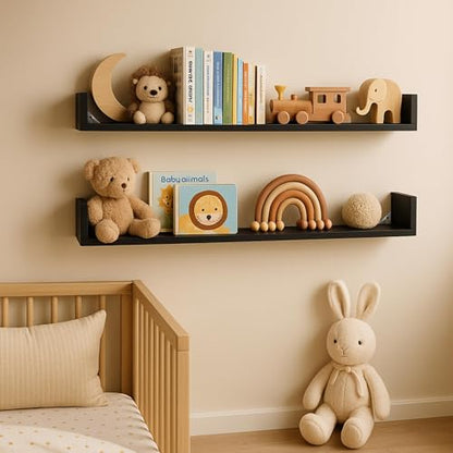 PHOENANCEE Floating Book Shelves,32 Inches Wall Bookshelf U Shaped,Long Hanging Bookshelf for Wall,Large Rustic Storage Books Shelves for Living Room Kitchen Bathroom Office,Set of 4(Black) - color: Black