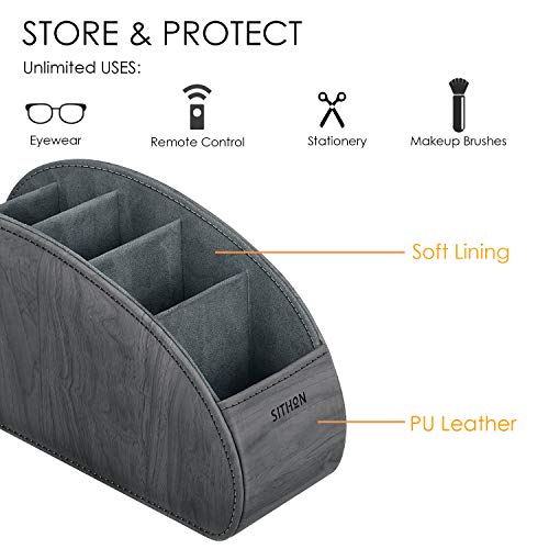 SITHON Remote Control Holder with 5 Compartments - PU Leather Remote Caddy Desktop Organizer Store TV, DVD, Blu-Ray, Media Player, Heater Controllers, Woodgrain Gray - color: Woodgrain Gray, size: Small