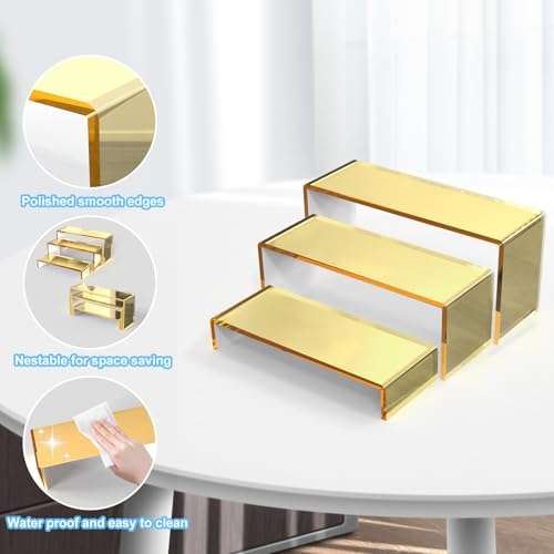 6 PCs Risers Display Stands 3 Tiers Desktop Acrylic Shelves Cake Dessert Holder Products Stand for Collectibles Shoes Jewels Pop Figure (Golden) - color: Golden 6 PCs