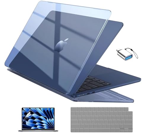 EooCoo Compatible with MacBook Air 13 inch Case M5 2026-2022 M4 M3 M2 Model A3449 A3240 A3113 A2681, Mac Air 13.6 inch Hard Shell & Keyboard Cover & Screen Film & Type-C, Crystal Midnight - color: Crystal Midnight