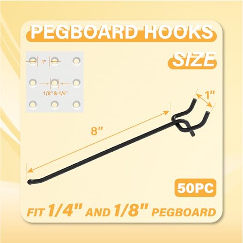 50PC 8" Pegboard Hooks for 1/4" Peg Board | Heavy Duty Black Metal Pegboard Hooks for Tools & Supplies, 30 lb Capacity Organizer Accessories for Garage, Store - size: 8 Inch