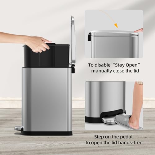 KUK Slim Bathroom Trash Can with Lid, 2.6 Gallon (10 L) Stainless Steel Step Small Garbage Can with Removable Inner Bucket, Soft Close, Anti-Fingerprint Finish (Silver) - color: Silver