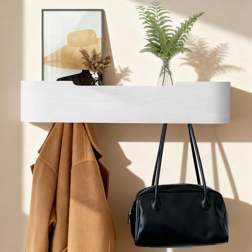 Coat Rack Wall Mount with Shelf Entryway Shelf Modern Key Holder Hanger Wall Shelves with Hidden Hooks for Hanging Towels Coats Hats Bags for Hallway Bathroom Bedroom (White, 5 Hooks) - color: White, size: 5 hooks