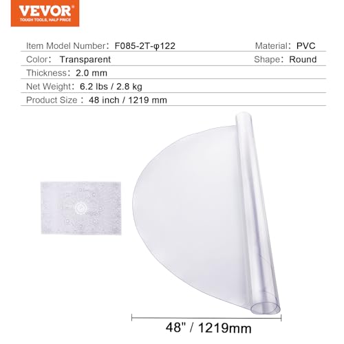 VEVOR Plastic Table Cover, 48 x 48 Inch 2.0 mm Thick Clear Round PVC Desk Mat Protector, Waterproof & Easy Cleaning Tablecloth for Office, Dresser, Dining Room, Night Stand - size: 48" (Round)