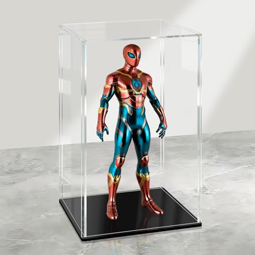 LANSCOERY Acrylic Display Case, 4.7x4.7x7 in, Upgraded Thickened UV-Resistant Showcase, 98% Clarity Dustproof Box with Glossy Black Base for Action Figures, LEGO & Models, Scraper & LED Light - color: Black, size: 4.7x4.7x7inch; 12x12x18cm
