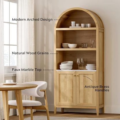 EYYTHUNG 71" Tall Arched Cabinet, 5-Tier Arched Bookcase Storage Display Cabinet with Faux Marble Tabletop, Modern Farmhouse Bookshelf Kitchen Pantry Cabinet for Living Room Home Office, Natural Oak - color: Natural Oak