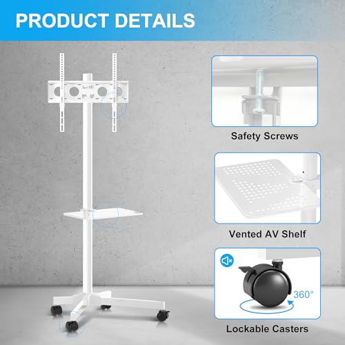 Mobile TV Carts on Wheels for 21-60 Inch Flat/Curved Panel Screens TVs - Height Adjustable Floor Trolley Stand with Shelf Holds up to 77lbs - Max VESA 400x400mm, White - color: White High Quality