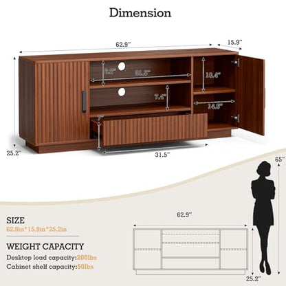 LCRBOL TV Stand for up to 70" TV, Mid-Century Entertainment Center, Walnut | 63"W x 15.4"D x 25"H, 2 fluted cabinets, 1 drawer & open shelves, top holds 200 lbs, cable management, ~90 min assembly - color: Brown