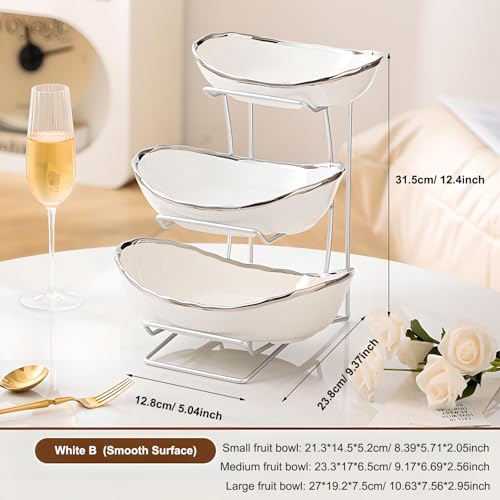 Gold Silver Fruit Bowl with Metal Stand, 3 Tier Ceramic White Fruit Bowl Fruit Rack for Kitchen Counter, Tiered Fruit Basket for Snacks Bread Candy Storage (White B (Smooth Surface)) - color: White B (Smooth Surface)