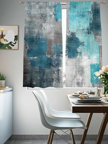 Turquoise Blue Grey Sheer Curtains 84 Inch Length 2 Panels Set for Living Room/Bedroom, Teal Abstract Art Painting Semi Curtain Sheers Drapes Rod Pocket Curtains Window Treatment Set - color: Abstract Painting, size: 52"W x 84"L (Pack of 2)