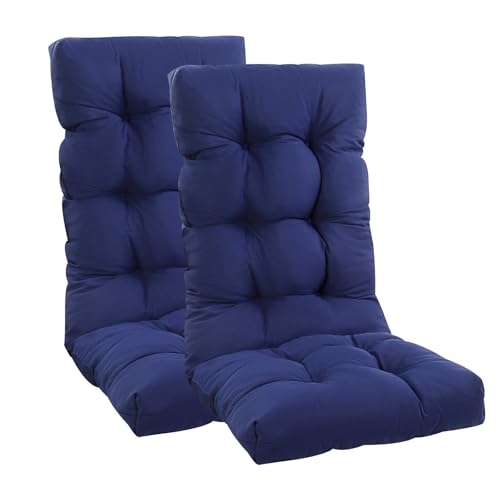 High Back Rocking Chair Cushion Set of 2, Waterproof and Anti Slip Tufted Rocking Chair Pad with Ties, Rocker Seat Cushions for Indoor, Porch, Outdoor Patio, Dark Blue - color: Dark Blue, size: Set of 2