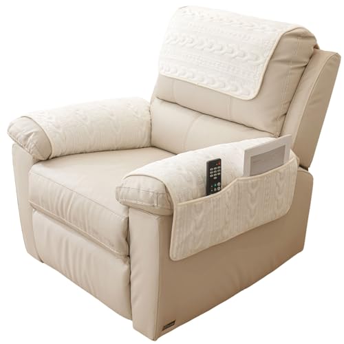 vctops 4 Pieces Velvet Plush Recliner Armrest Cover Headrest Cover with Pockets Soft Fuzzy Non Slip 2 Armchair Slipcovers and 2 Headrest Protector for Recliner Leather Sofa Couch(White,2 Seat) - color: White, size: 2 Persons Set of 4