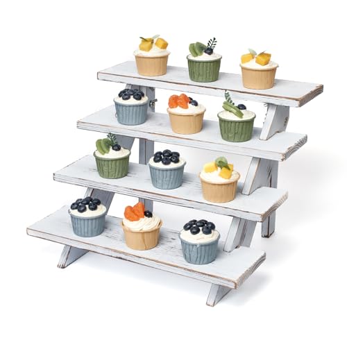 DAOYOUSKY Wooden Rustic Cupcake Stand for 24 Cupcakes, Stepped Wood Display Stand for Weddings, Tiered Party Table Display Riser for Food , Dessert, Cookie, Decor, Craft Show, White - color: White - 1Pcs