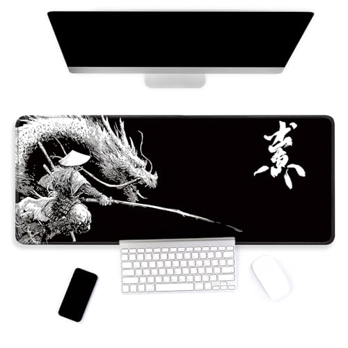 Large Mouse Pad, Big Gaming Mousepad, Desk Mat for Desktop, Thick Non-Slip Waterproof Rubber Base, Mouse Pads for Office, Computer, Keyboard, Laptop 31.5x11.8 in, Japanese Warrior Dragon - color: Japanese Warrior Dragon, size: 31.5" x 11.8"