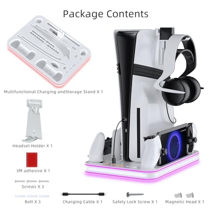 Charger Dock Compatible with PS Portal and PS5, PS5 Stand and Cooling Station with RGB LED Charging Dock, Edge Controller and Headset and Remote Holders - White - color: White