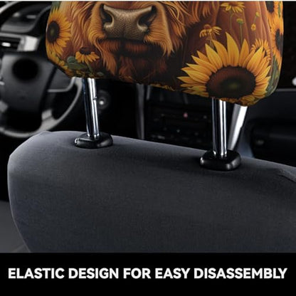 Dujiea 2 Pack Highland Cow Sunflowers Car Headrest Covers, Universal Soft Car Seat Head Rest Cover Protector, Vehicle Accessories Fabric Headrest Cover for Cars Vans Trucks - color: Highland Cow Sunflowers
