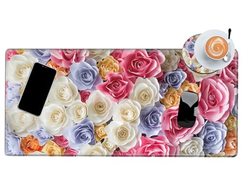 XL Mouse Pad Gaming Desk Mat for Desktop Extended Mousepad Pink Rose Desk Pad 24x12 Computer Mat Large Mouse Pads for Wireless Mouse Office Laptop Accessories Gift - color: Pink Rose, size: 24''X12''