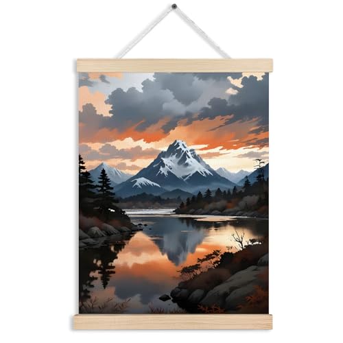Watercolor Mountain Sunset Lake Canvas Wall Art Poster Hanger Frames, Scenic Nature Landscape Wall Decor Prints for Lake House Cabin Home Living Room, 12x16 Inch - color: Mixed colors (blues, oranges, greens)