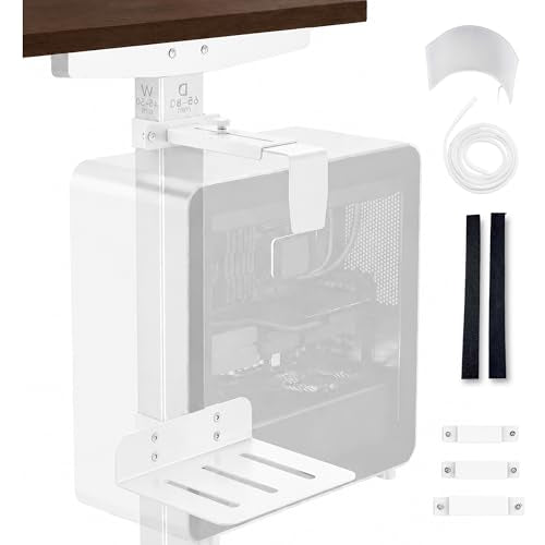 DEHAGLOBAL Clamp Mount Under Desk Pc Mount, Adjustable Height and Width No Drilling 50 lb Capacity with Non-Slip Pads & Cable Organizer for Standing Desk (White, 75mmx45mm)