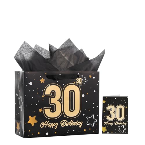 Powbrace 13" Black 30th Birthday Gift Bag with Tissue Paper and Greeting Card for Party,Happy Birthday Gift Bag for Men Women,Gift Bags Medium size(1 Black 30th) - color: 1 PCS Black 30th, size: 1 count (Pack of 1)