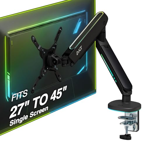 AVLT Single 27”-45” RGB Gaming Monitor Arm Desk Mount Built-in 20 Lighting Modes Touch Button Control Fits Flat/Curved/Ultrawide Screen Height Swivel Tilt Rotation Adjustable Stand -Black - color: Black - Single