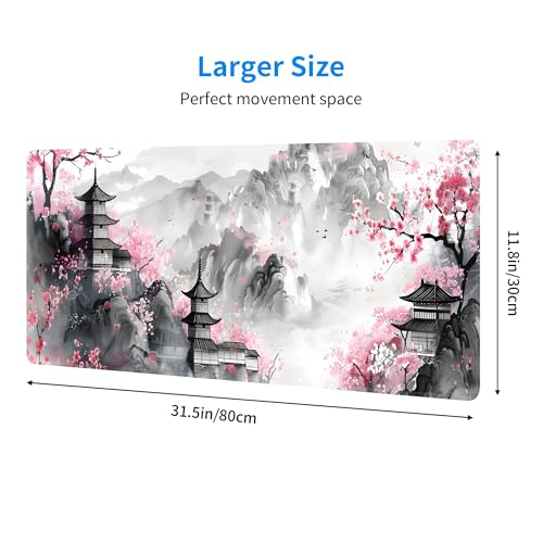 Japanese Cherry Blossom Large Mouse Pad,Gaming Keyboard Desk Pad,Extended Mouse Mat Non-Slip Rubber Base with Stitched Edges for Office Game Home XL 31.5"x11.8" - color: Cherry Blossom, size: 31.5L x 11.8W inches