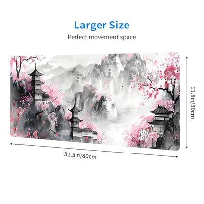 Japanese Cherry Blossom Large Mouse Pad,Gaming Keyboard Desk Pad,Extended Mouse Mat Non-Slip Rubber Base with Stitched Edges for Office Game Home XL 31.5"x11.8" - color: Cherry Blossom, size: 31.5L x 11.8W inches