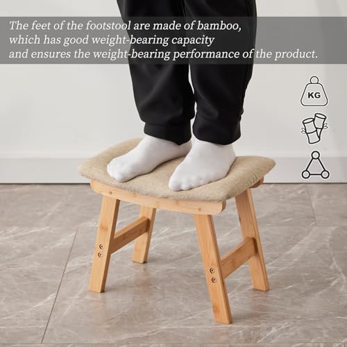 Kitsanery Foot Stool,Ottoman,Bamboo Small Sofa Foot Rest Under Desk,Extra Seating for Living Room, Bedroom and Kitchen (Natural Stool Legs - Beige Surface) - color: Natural Stool Legs - Beige Surface