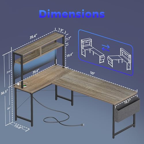 Mericonia 59 inch Large L Shaped Desk with Pegboard Hutch & Shelves, Corner Gaming Desk with Power Outlet, LED Light & Storage Bag, Reversible Computer Desk for Home, Bedroom, Office Workspace, Grey - color: Grey, size: 59 inch