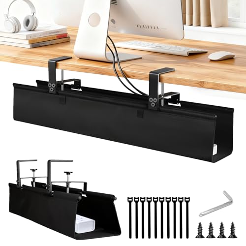 Under Desk Cable Management Tray - Heavy Duty No-Drill Clamp & Screw Mount, 28-Inch Cord Organizer for Home Office, Gaming Setup & Study Room, Holds Power Strip & Large Adapters (Black, 28"L x 5.5"W) - size: 28inch