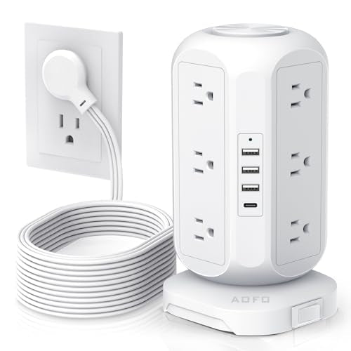 15 ft Long Extension Cord Power Strip Tower,AOFO Power Strip 12 AC Outlets 4 USB(1 USB C) Ports, Charging Tower Overload Protection with Multiple Outlets for Home Dorm Office - color: White, size: 15FT