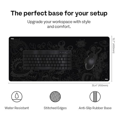 Pixio Mouse Pads - 36 x 16 inch XXL Monster Doodle Black Multifunctional Large Desk Mats for Gaming, Office, Desktop Anti-Slip Waterproof Washable Computer Mouse Mat - color: Black Monster Doodle