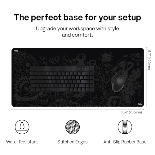 Pixio Mouse Pads - 36 x 16 inch XXL Monster Doodle Black Multifunctional Large Desk Mats for Gaming, Office, Desktop Anti-Slip Waterproof Washable Computer Mouse Mat - color: Black Monster Doodle
