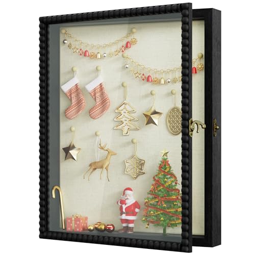 Love-KANKEI Shadow Box Frame 13x16, Deep Large Shadow Box Display Case with Unique Beads Door and Glass Window, Wood Memory Box for Pictures,Medals,Memorabilia,Collections Black - color: Black, size: 13x16