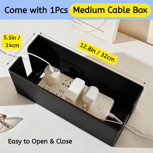 Cable Box - [142Pcs] Cable Management Kit, Medium Cord Hider Box to Conceal Power Strip Holder on Desk or Floor, Under Desk Cable Management Kit Cable Organizer Box, TV Cord Organizer Box, Black